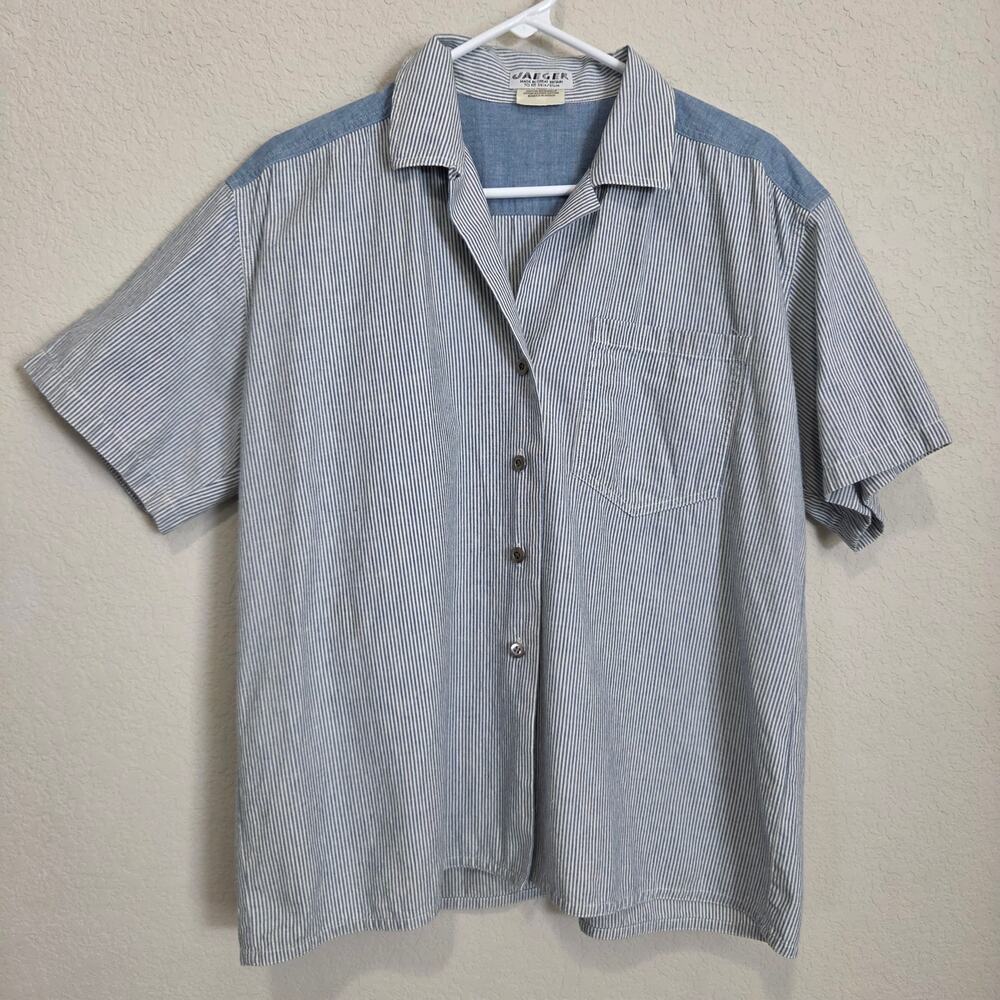 Jaeger Women's Short Sleeve Shirt Button Up Casual Size L XL Stripe Cotton